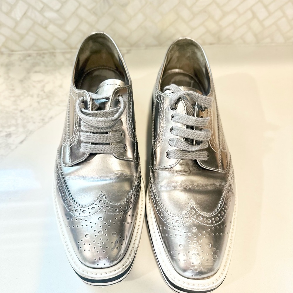 Prada Metallic Gold Perforated Leather Wingtip Lace-up Oxford Shoes